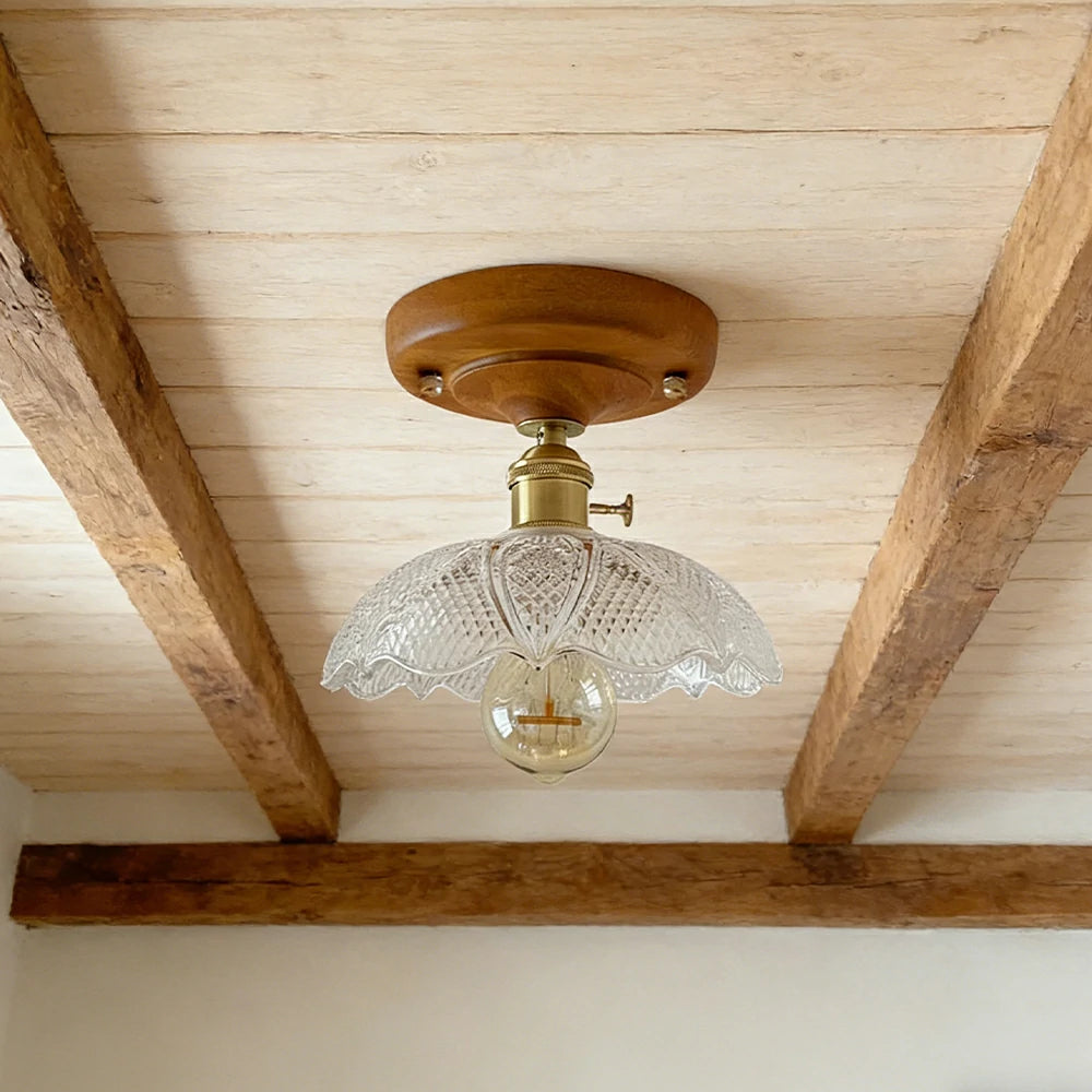 LIVARA Vintage Glass Ceiling Light 6W Warm LED Solid Wood Base Diamond Pattern Design 24x22cm for Bedroom Hallway Entry