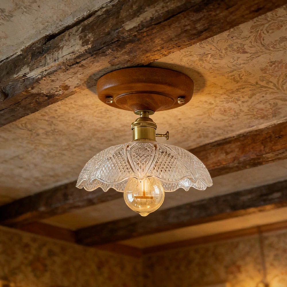 LIVARA Vintage Glass Ceiling Light 6W Warm LED Solid Wood Base Diamond Pattern Design 24x22cm for Bedroom Hallway Entry