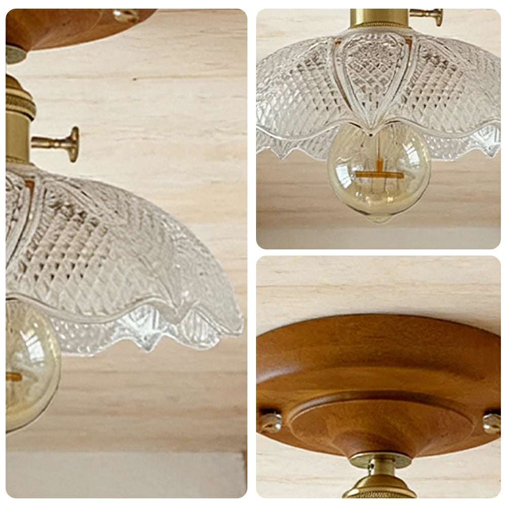 LIVARA Vintage Glass Ceiling Light 6W Warm LED Solid Wood Base Diamond Pattern Design 24x22cm for Bedroom Hallway Entry