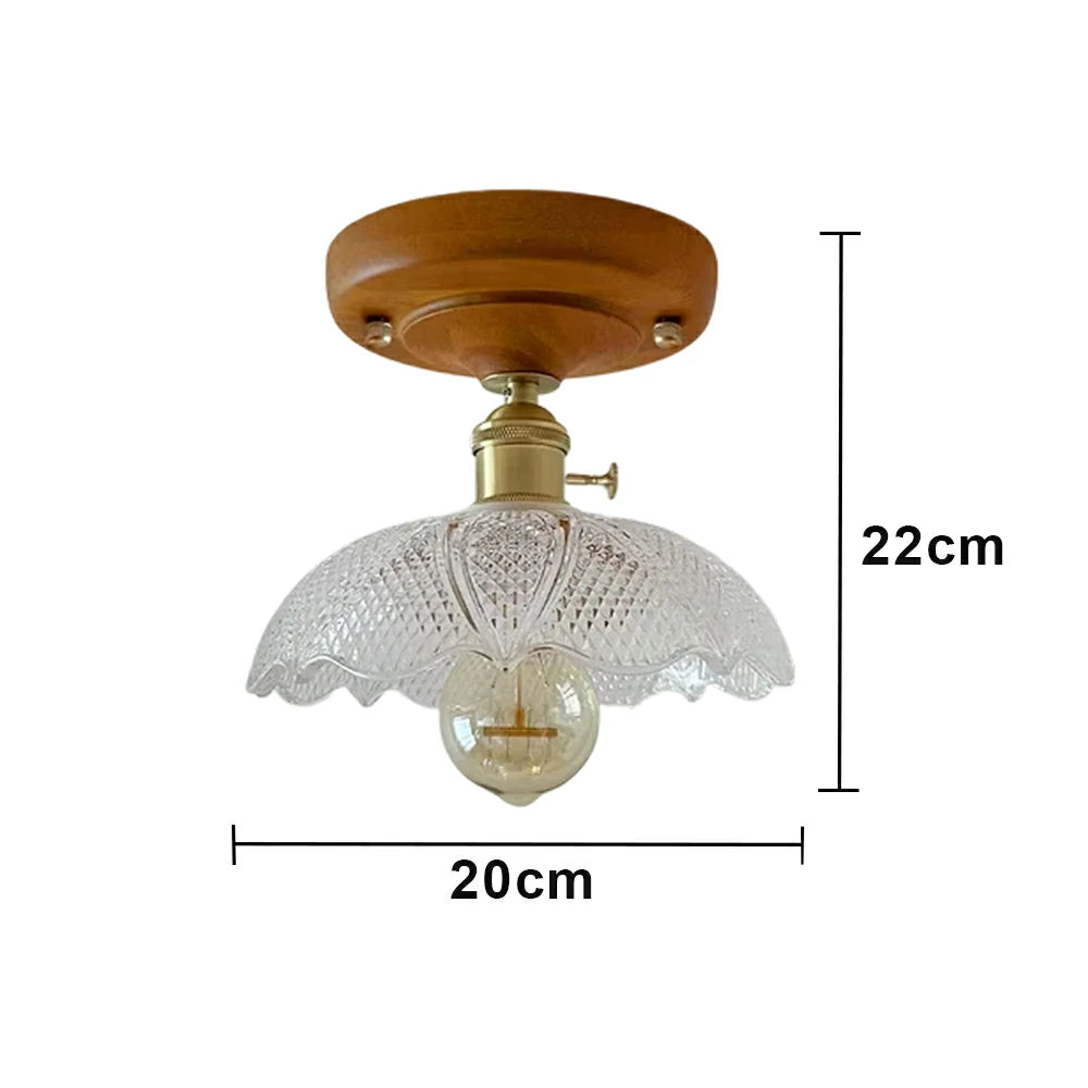 LIVARA Vintage Glass Ceiling Light 6W Warm LED Solid Wood Base Diamond Pattern Design 24x22cm for Bedroom Hallway Entry