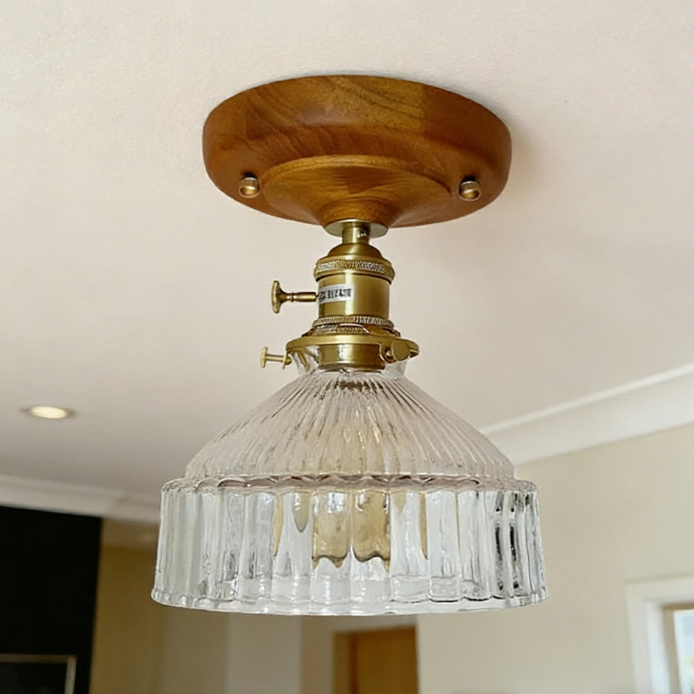 LIVARA Vintage Glass Ceiling Light 6W Warm LED Solid Wood Base Mongolian Style Design 24x22cm for Bedroom Hallway Entry