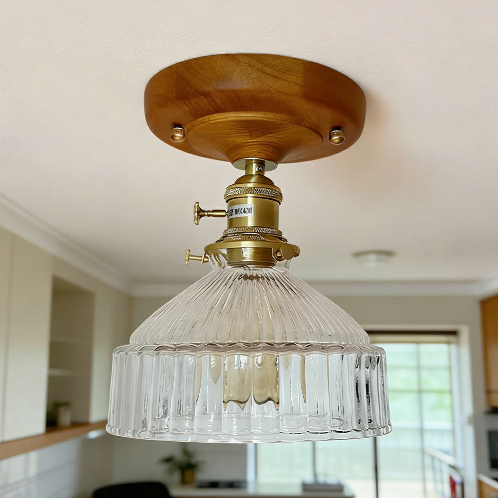 LIVARA Vintage Glass Ceiling Light 6W Warm LED Solid Wood Base Mongolian Style Design 24x22cm for Bedroom Hallway Entry
