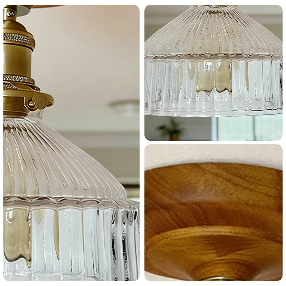 LIVARA Vintage Glass Ceiling Light 6W Warm LED Solid Wood Base Mongolian Style Design 24x22cm for Bedroom Hallway Entry