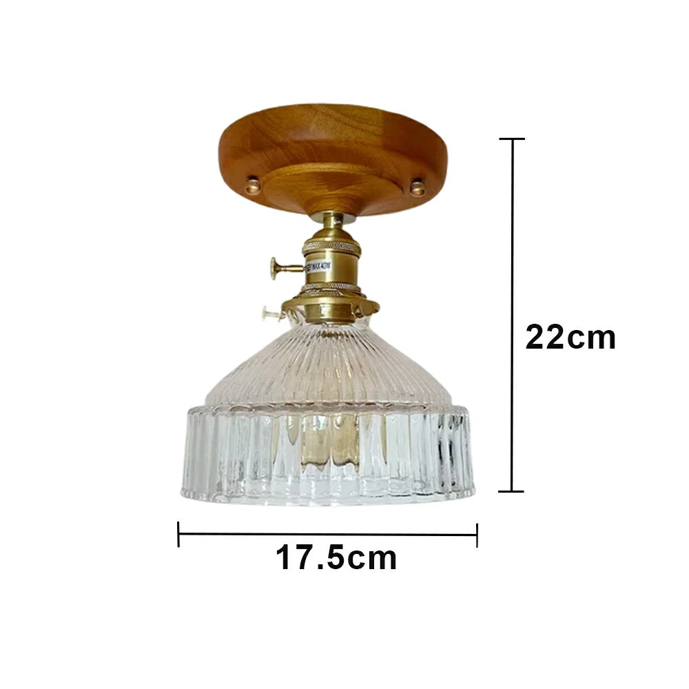 LIVARA Vintage Glass Ceiling Light 6W Warm LED Solid Wood Base Mongolian Style Design 24x22cm for Bedroom Hallway Entry
