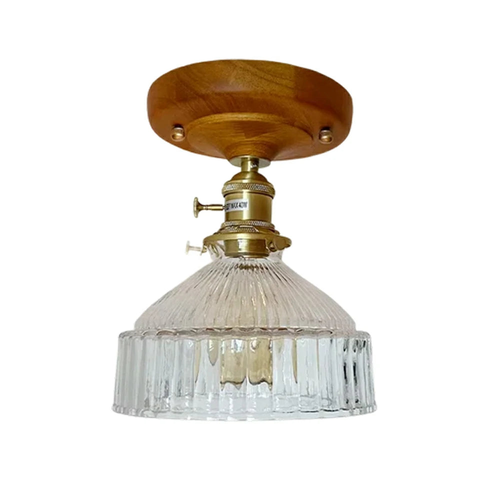 LIVARA Vintage Glass Ceiling Light 6W Warm LED Solid Wood Base Mongolian Style Design 24x22cm for Bedroom Hallway Entry