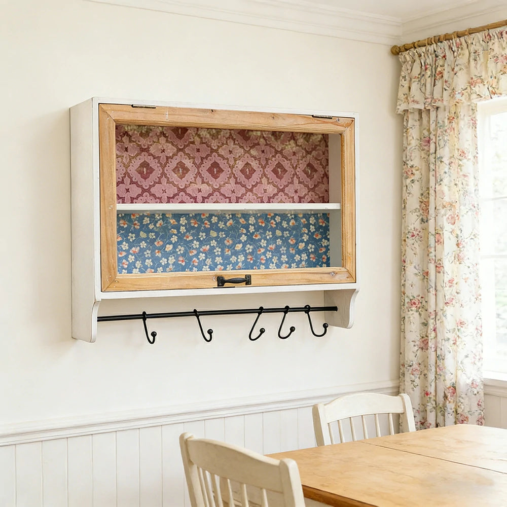 LIVARA Vintage Wall Cabinet Glass Sliding Door Storage Solid Fir Wood Rustic Country Display Shelf with Hook Rail