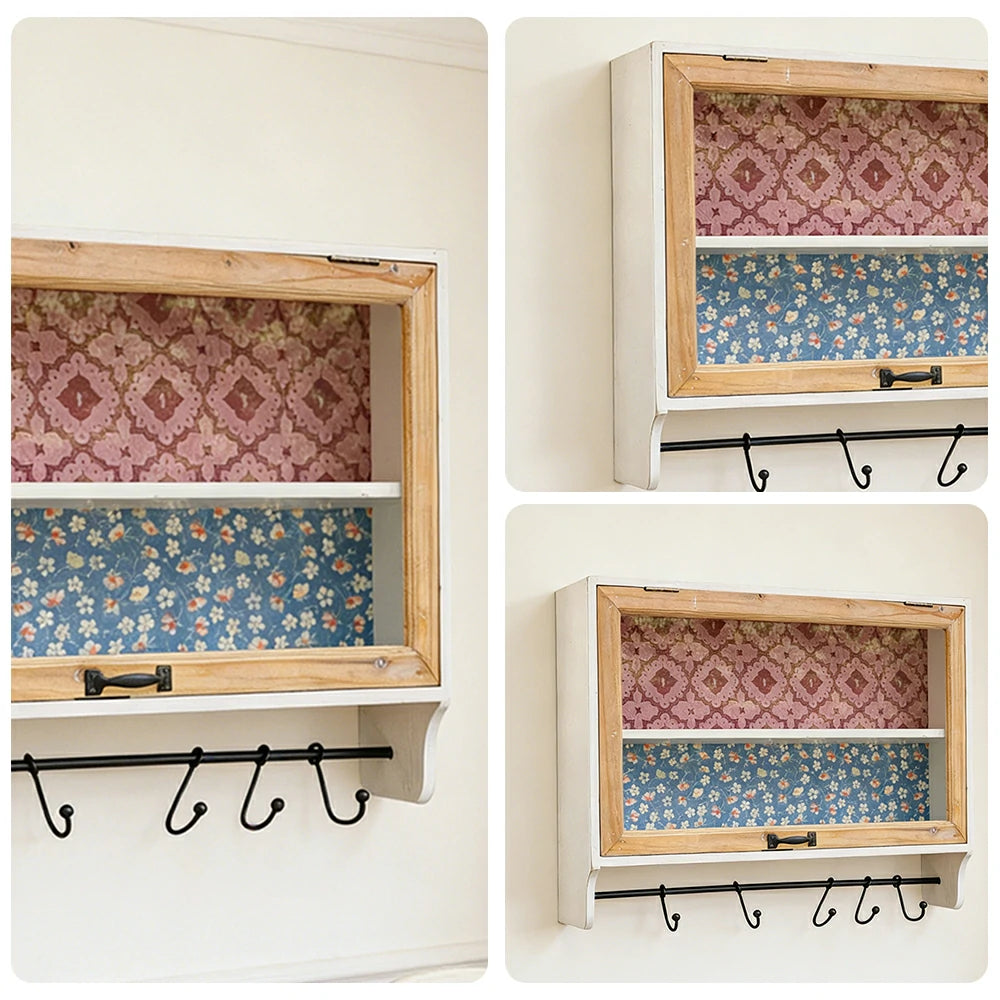 LIVARA Vintage Wall Cabinet Glass Sliding Door Storage Solid Fir Wood Rustic Country Display Shelf with Hook Rail