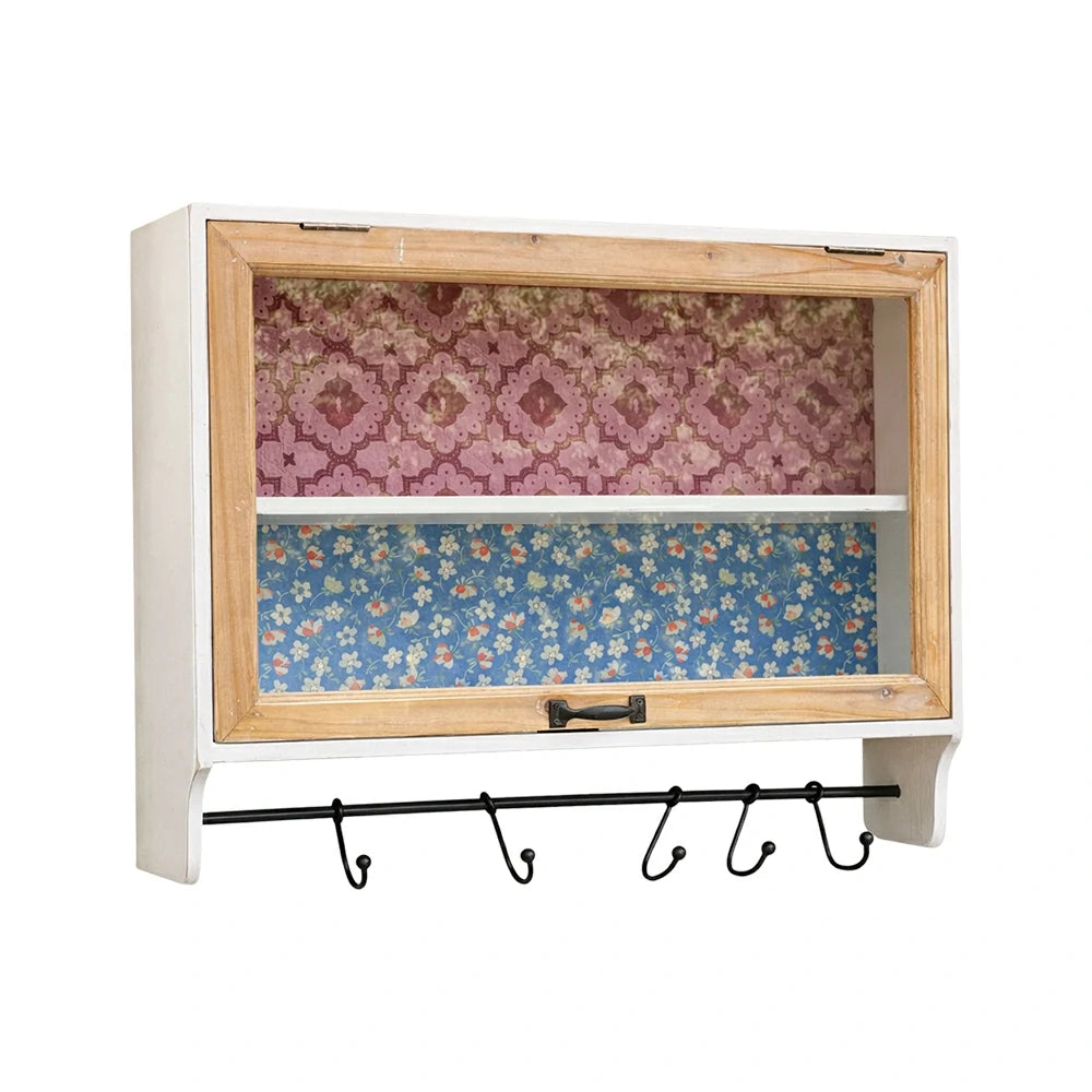 LIVARA Vintage Wall Cabinet Glass Sliding Door Storage Solid Fir Wood Rustic Country Display Shelf with Hook Rail