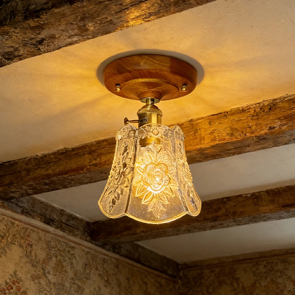 LIVARA Vintage Glass Ceiling Light 6W Warm LED Solid Wood Base Bell Shape Design 24x22cm for Bedroom Hallway Entry