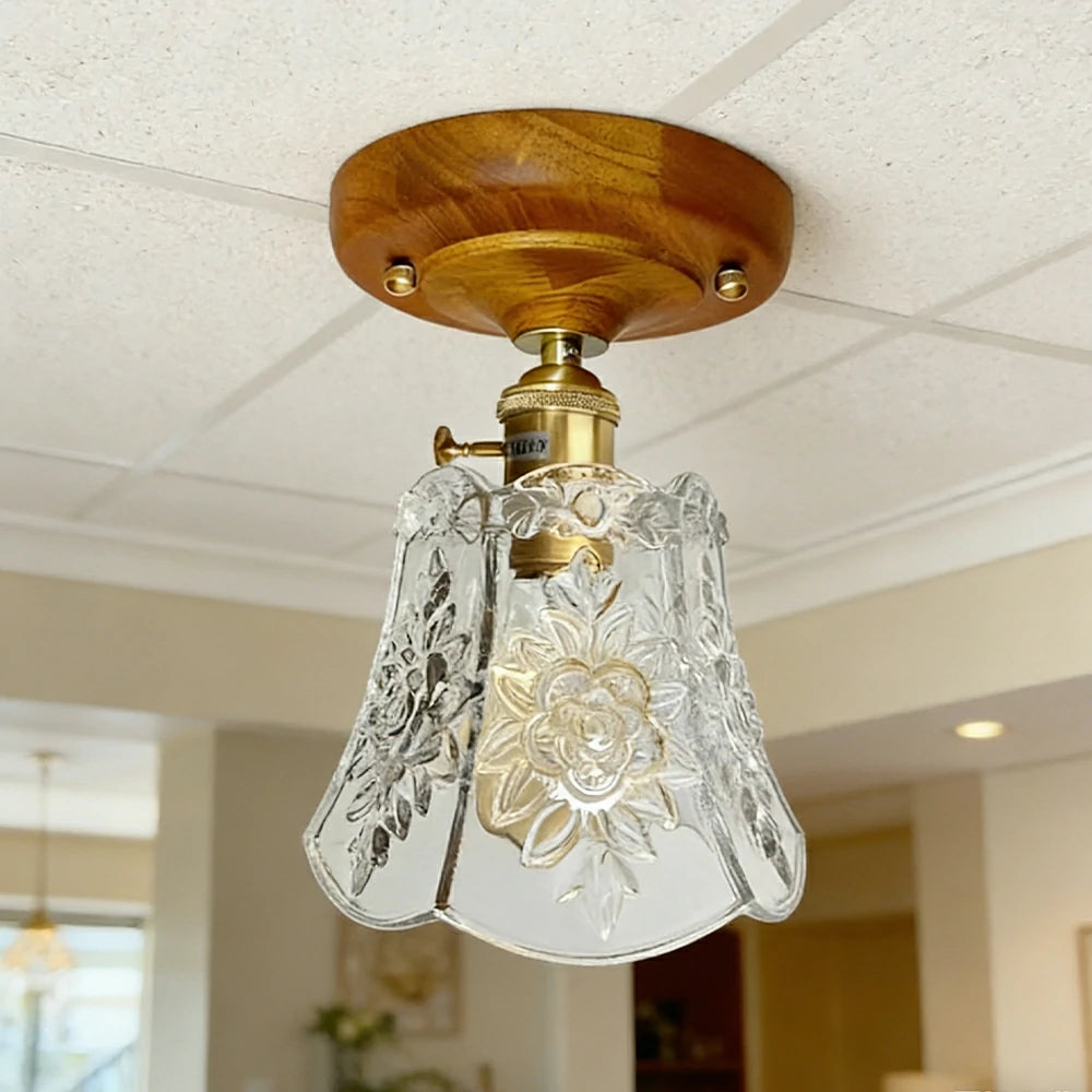 LIVARA Vintage Glass Ceiling Light 6W Warm LED Solid Wood Base Bell Shape Design 24x22cm for Bedroom Hallway Entry
