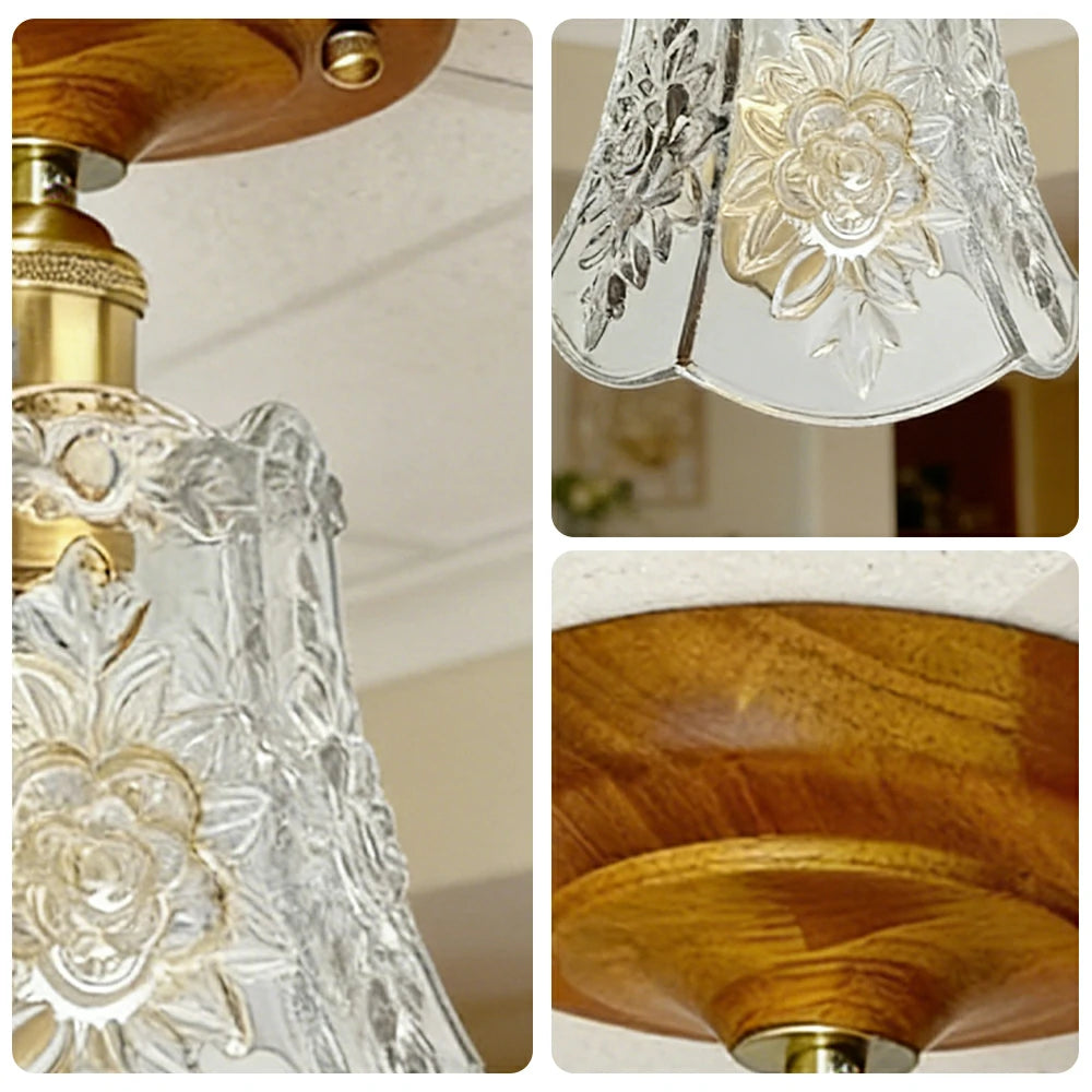 LIVARA Vintage Glass Ceiling Light 6W Warm LED Solid Wood Base Bell Shape Design 24x22cm for Bedroom Hallway Entry