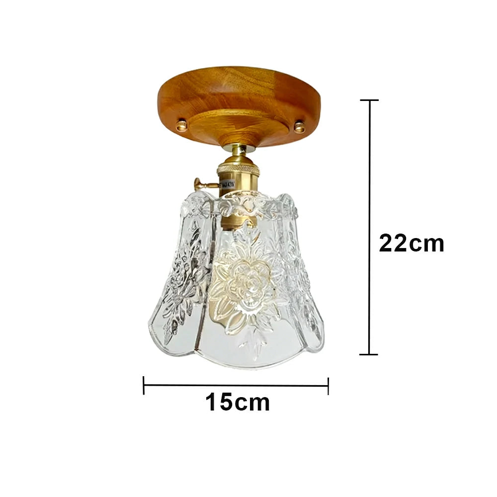 LIVARA Vintage Glass Ceiling Light 6W Warm LED Solid Wood Base Bell Shape Design 24x22cm for Bedroom Hallway Entry