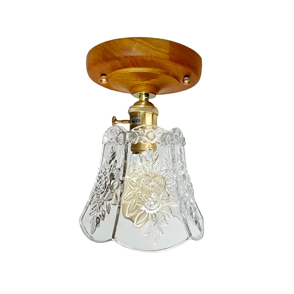 LIVARA Vintage Glass Ceiling Light 6W Warm LED Solid Wood Base Bell Shape Design 24x22cm for Bedroom Hallway Entry