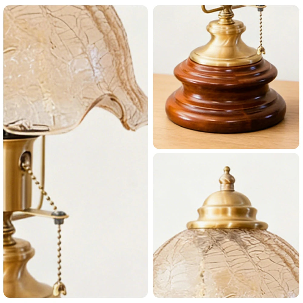 LIVARA Vintage Glass Table Lamp E27 Large Crackle Design with Zipper Detail Solid Wood Base for Bedroom Living Room