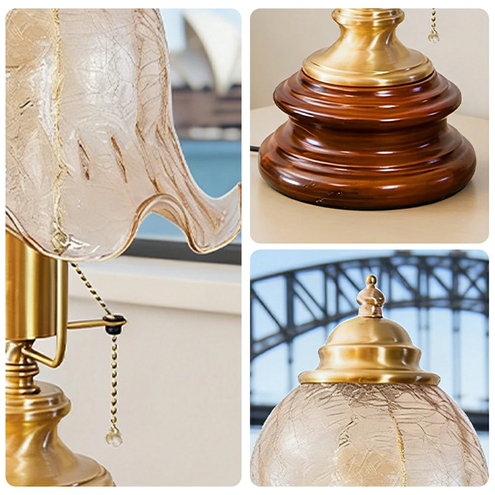 LIVARA Vintage Glass Table Lamp E27 Small Crackle Design with Zipper Detail Solid Wood Base for Bedroom Living Room