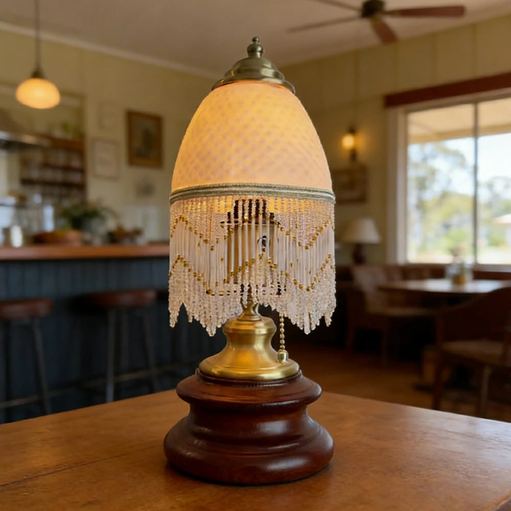 LIVARA Vintage Glass Table Lamp E27 Tassel Lampshade Design with Zipper Detail Solid Wood Base for Bedroom Living Room