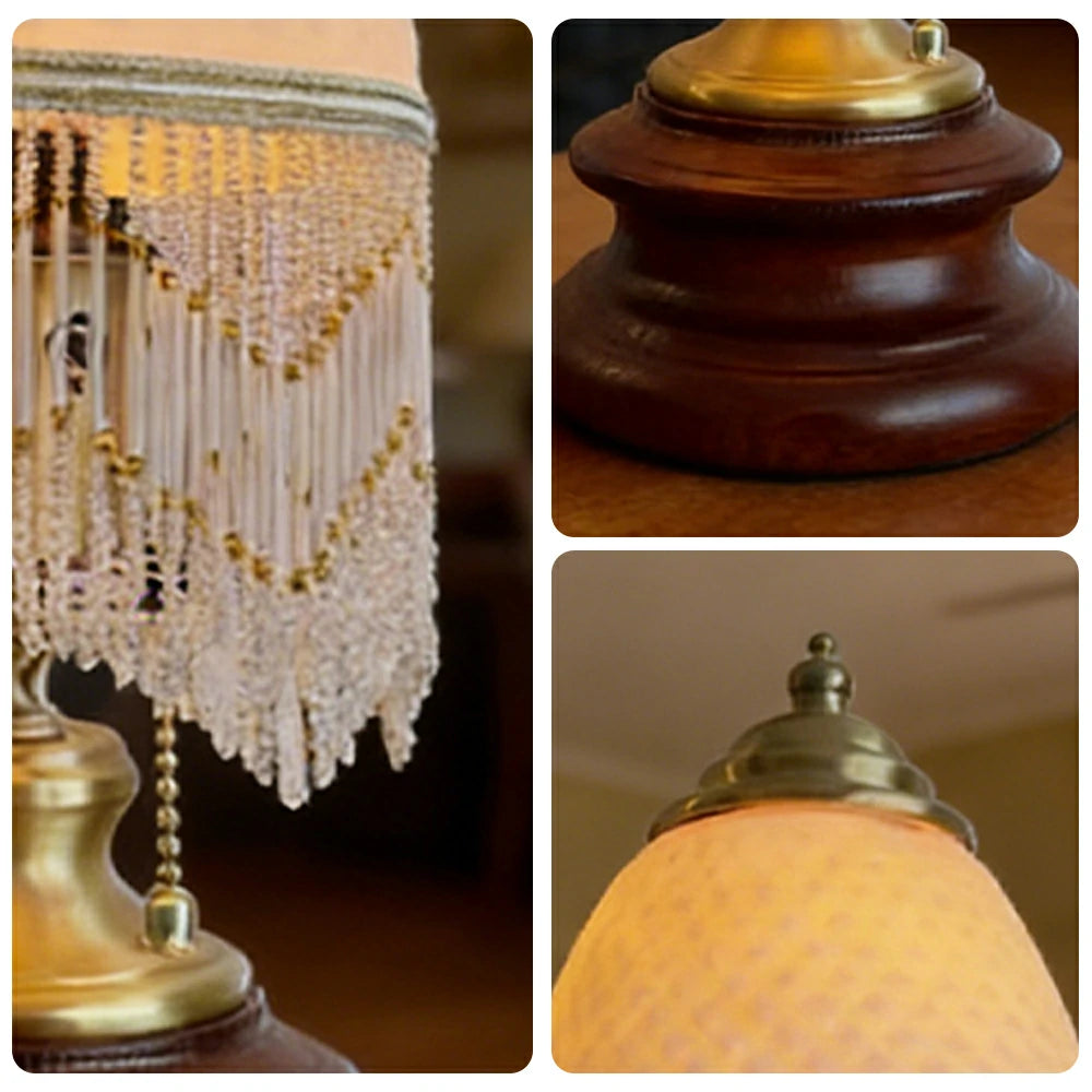 LIVARA Vintage Glass Table Lamp E27 Tassel Lampshade Design with Zipper Detail Solid Wood Base for Bedroom Living Room