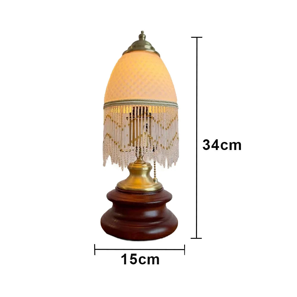 LIVARA Vintage Glass Table Lamp E27 Tassel Lampshade Design with Zipper Detail Solid Wood Base for Bedroom Living Room