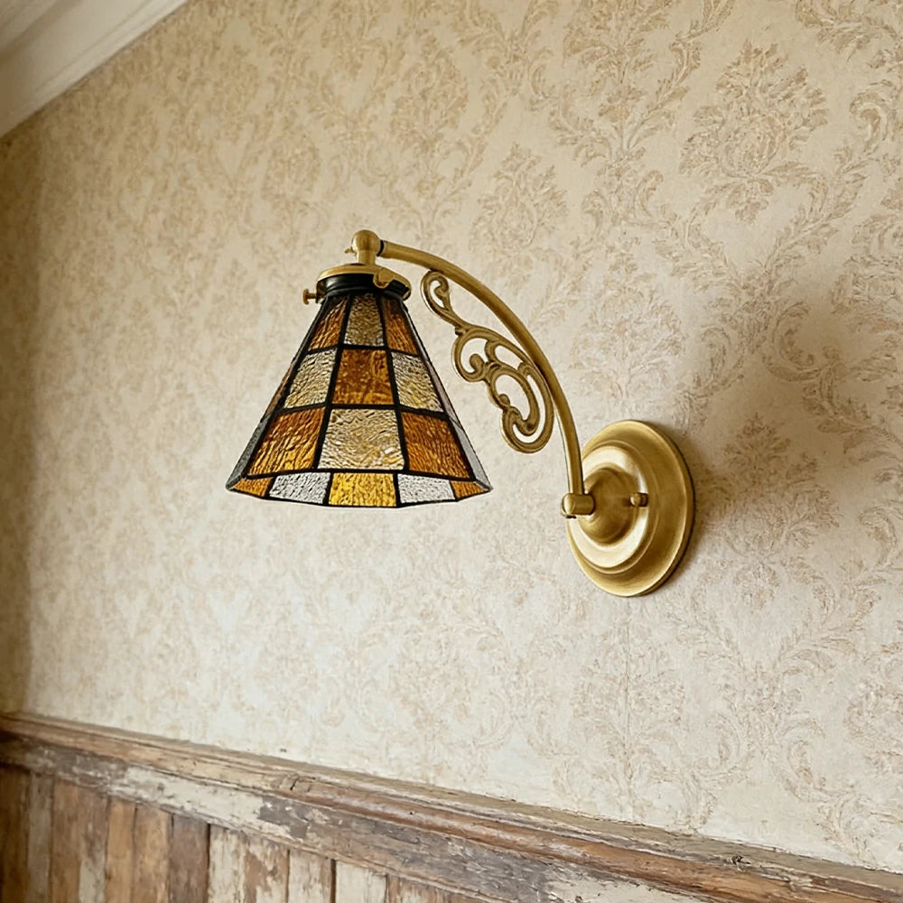 LIVARA Vintage Glass Wall Light E14 Warm Light Orange Checkered Design Solid Wood Base for Bedroom Hallway Living Room