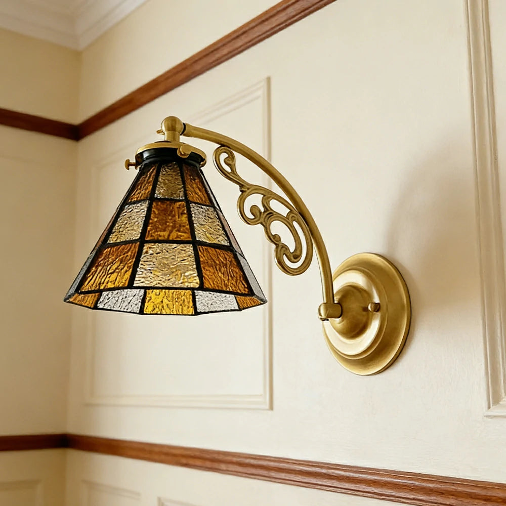LIVARA Vintage Glass Wall Light E14 Warm Light Orange Checkered Design Solid Wood Base for Bedroom Hallway Living Room