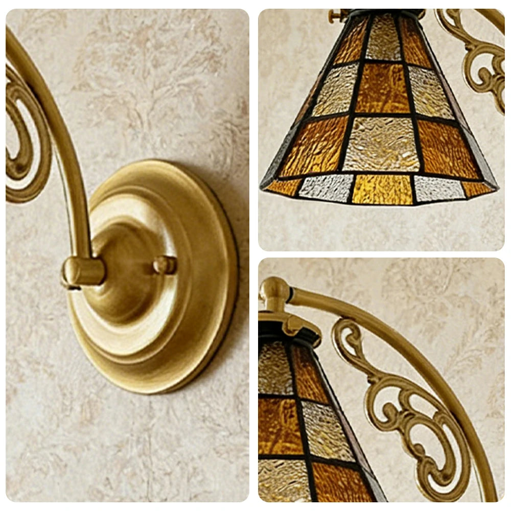 LIVARA Vintage Glass Wall Light E14 Warm Light Orange Checkered Design Solid Wood Base for Bedroom Hallway Living Room