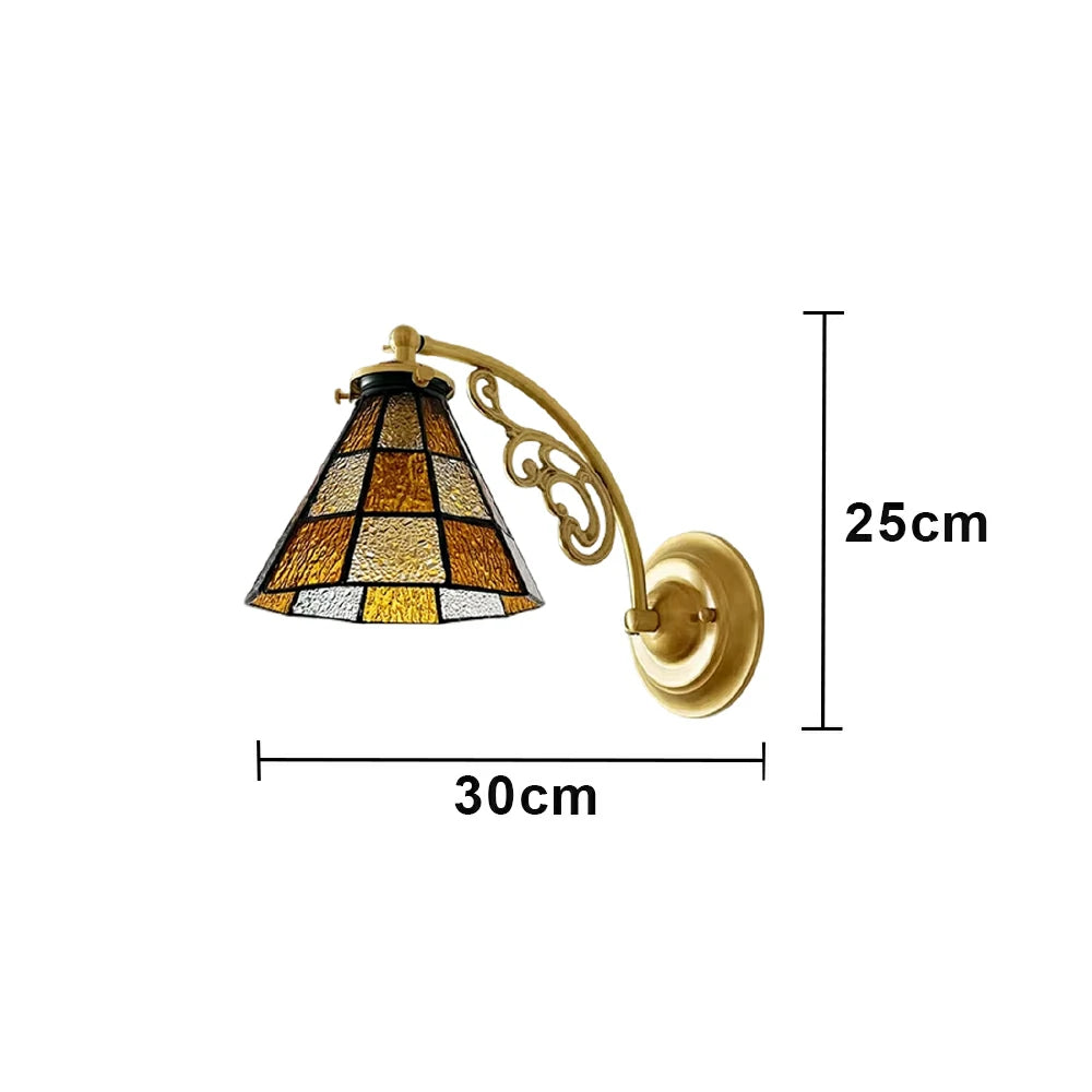 LIVARA Vintage Glass Wall Light E14 Warm Light Orange Checkered Design Solid Wood Base for Bedroom Hallway Living Room