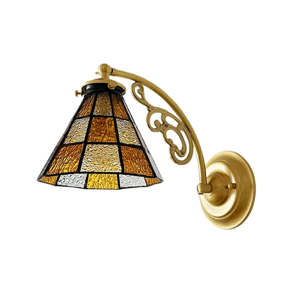 LIVARA Vintage Glass Wall Light E14 Warm Light Orange Checkered Design Solid Wood Base for Bedroom Hallway Living Room