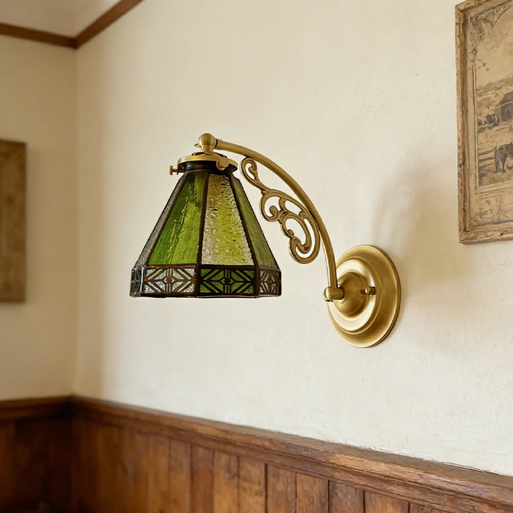 LIVARA Vintage Glass Wall Light E14 Warm Light Green Lantern Design Brass Structure for Bedroom Hallway Living Room