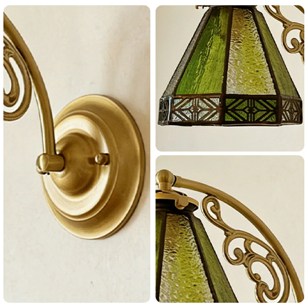 LIVARA Vintage Glass Wall Light E14 Warm Light Green Lantern Design Brass Structure for Bedroom Hallway Living Room