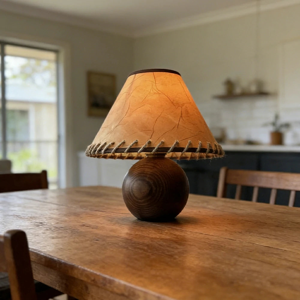 LIVARA Vintage Table Lamp 40W Edison Bulb Ash Wood Base Faux Sheepskin Shade Natural Design for Bedroom Living Room