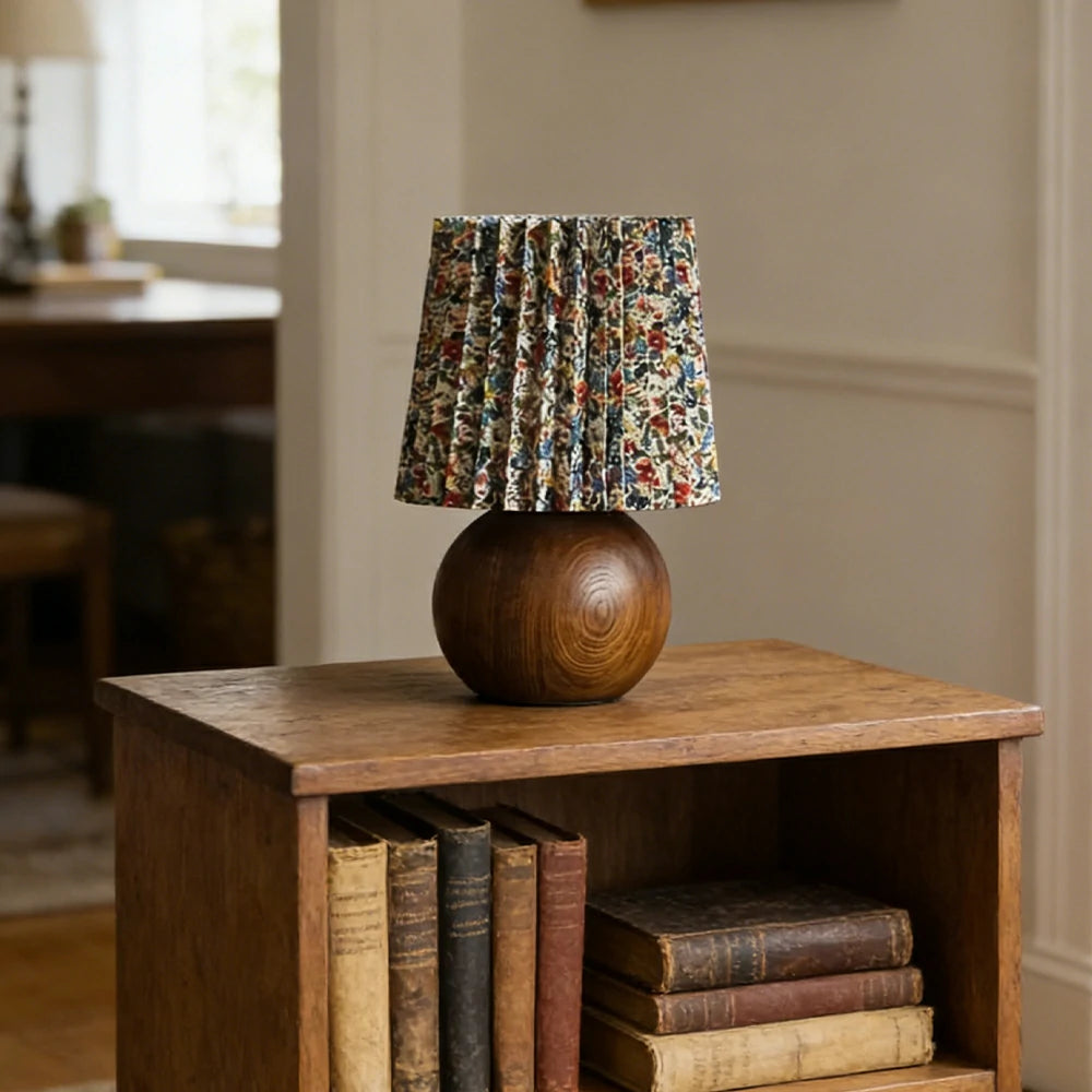 LIVARA Vintage Table Lamp 40W Edison Bulb Ash Wood Base Pleated Floral Shade Button Switch Design for Bedroom Living Room
