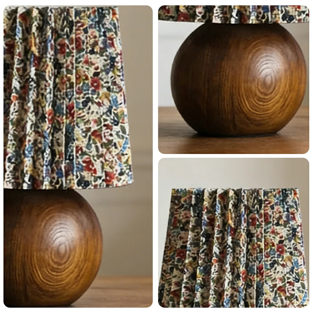 LIVARA Vintage Table Lamp 40W Edison Bulb Ash Wood Base Pleated Floral Shade Button Switch Design for Bedroom Living Room