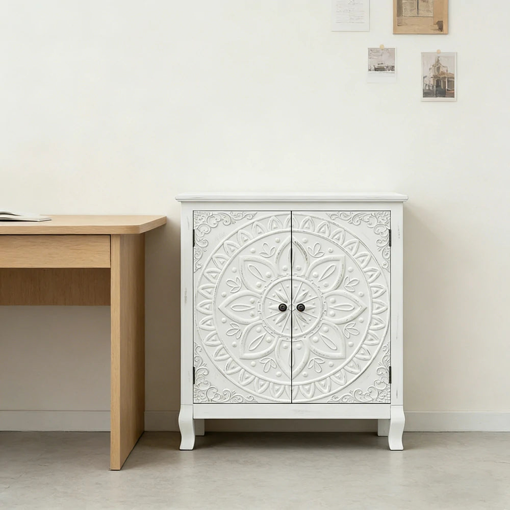 LIVARA Vintage Carved Storage Cabinet Double Door Sideboard Solid Wood MDF Distressed White Floral Decorative Furniture