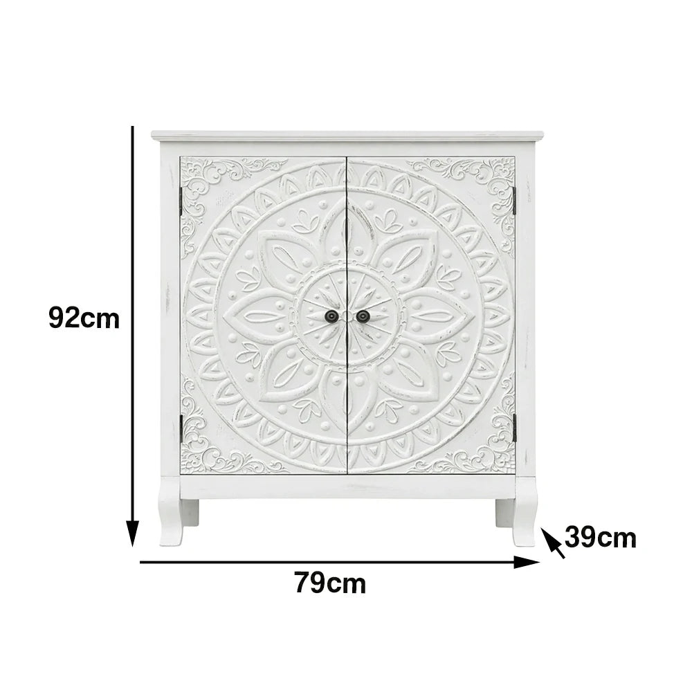 LIVARA Vintage Carved Storage Cabinet Double Door Sideboard Solid Wood MDF Distressed White Floral Decorative Furniture