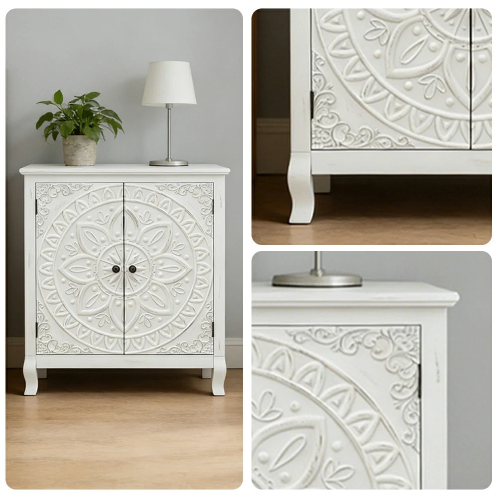 LIVARA Vintage Carved Storage Cabinet Double Door Sideboard Solid Wood MDF Distressed White Floral Decorative Furniture