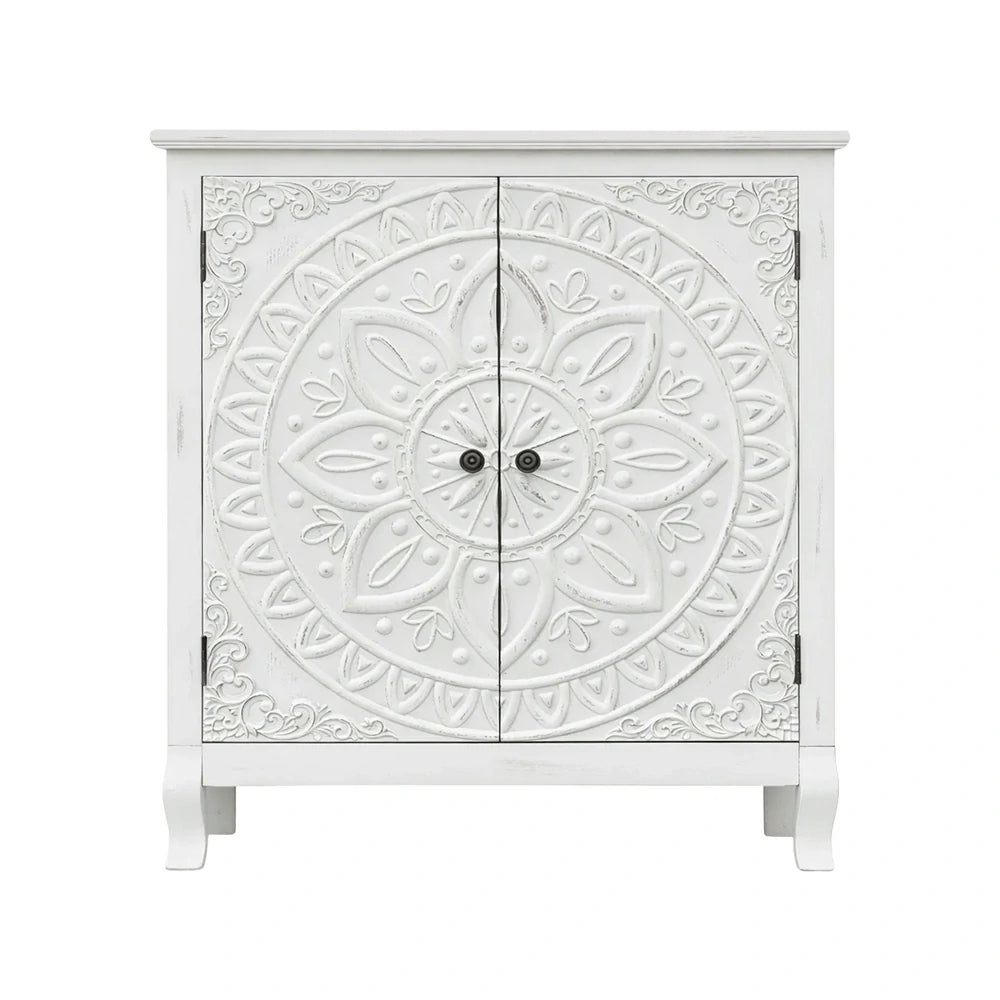 LIVARA Vintage Carved Storage Cabinet Double Door Sideboard Solid Wood MDF Distressed White Floral Decorative Furniture