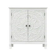LIVARA Vintage Carved Storage Cabinet Double Door Sideboard Solid Wood MDF Distressed White Floral Decorative Furniture