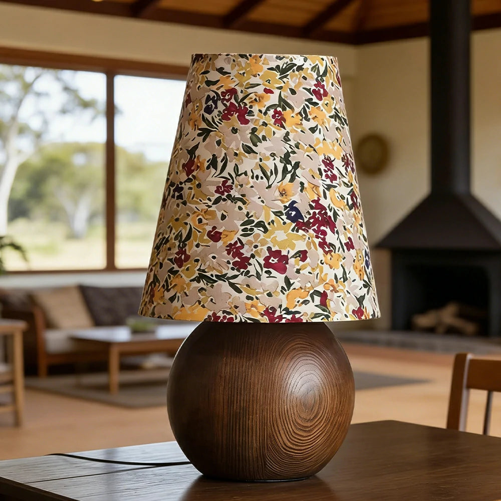 LIVARA Vintage Table Lamp 40W Edison Bulb Ash Wood Base Floral Shade Button Switch Design for Bedroom Living Room - Yellow