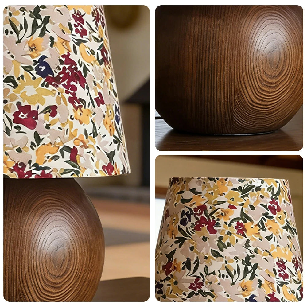 LIVARA Vintage Table Lamp 40W Edison Bulb Ash Wood Base Floral Shade Button Switch Design for Bedroom Living Room - Yellow