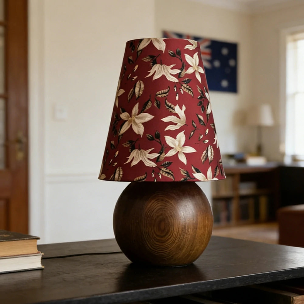 LIVARA Vintage Table Lamp 40W Edison Bulb Ash Wood Base Magnolia Floral Shade Button Switch Design for Bedroom Living Room - Red