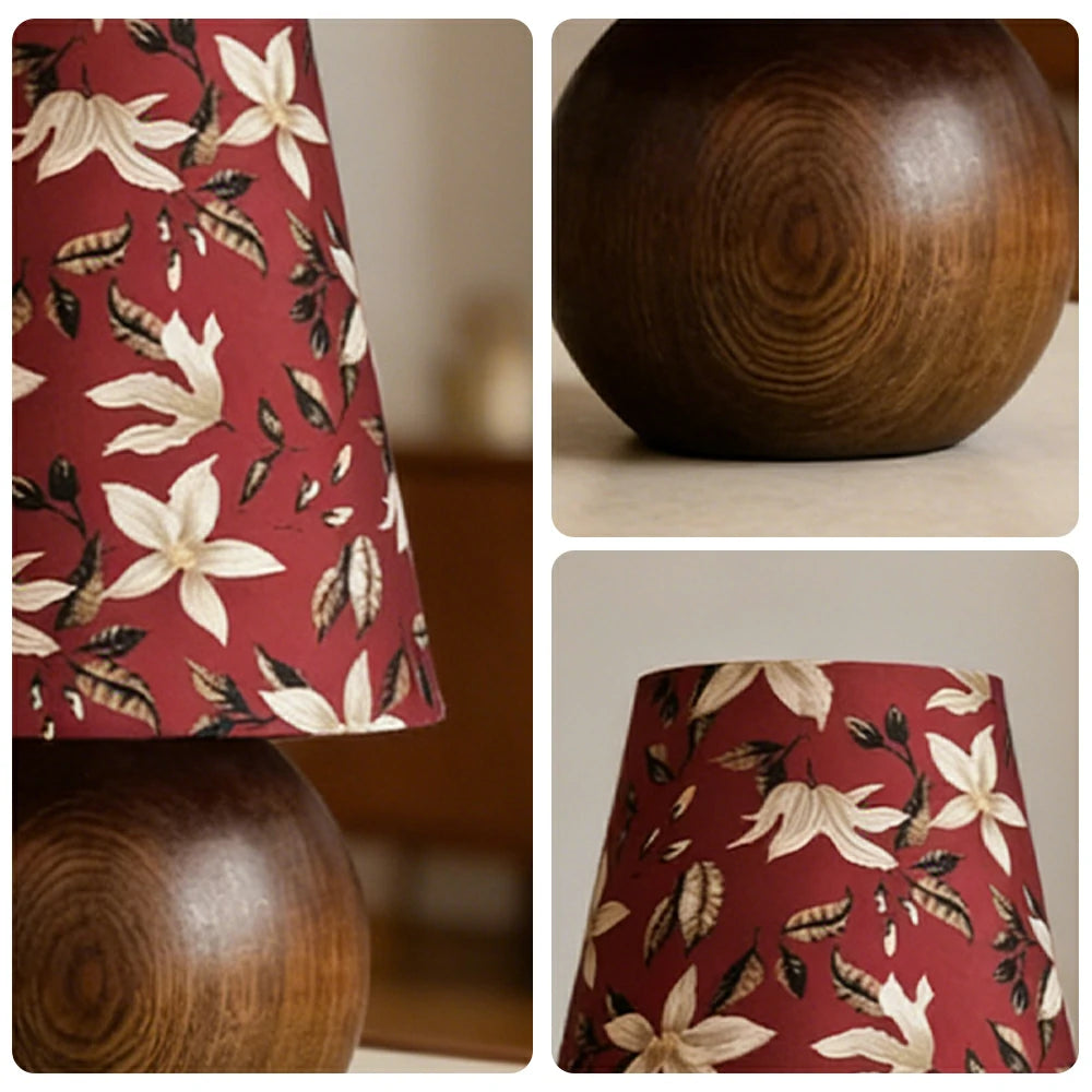 LIVARA Vintage Table Lamp 40W Edison Bulb Ash Wood Base Magnolia Floral Shade Button Switch Design for Bedroom Living Room - Red