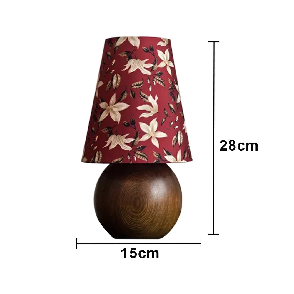 LIVARA Vintage Table Lamp 40W Edison Bulb Ash Wood Base Magnolia Floral Shade Button Switch Design for Bedroom Living Room - Red