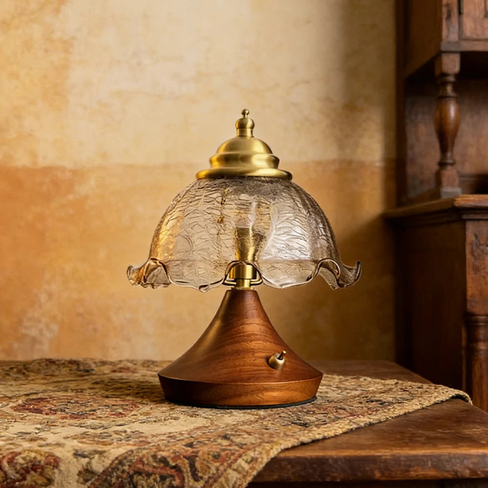 LIVARA Vintage Table Lamp 3W Warm LED Half Round Crackle Rolled Edge Glass Shade Solid Wood Base with Handle Box for Bedroom Living Room