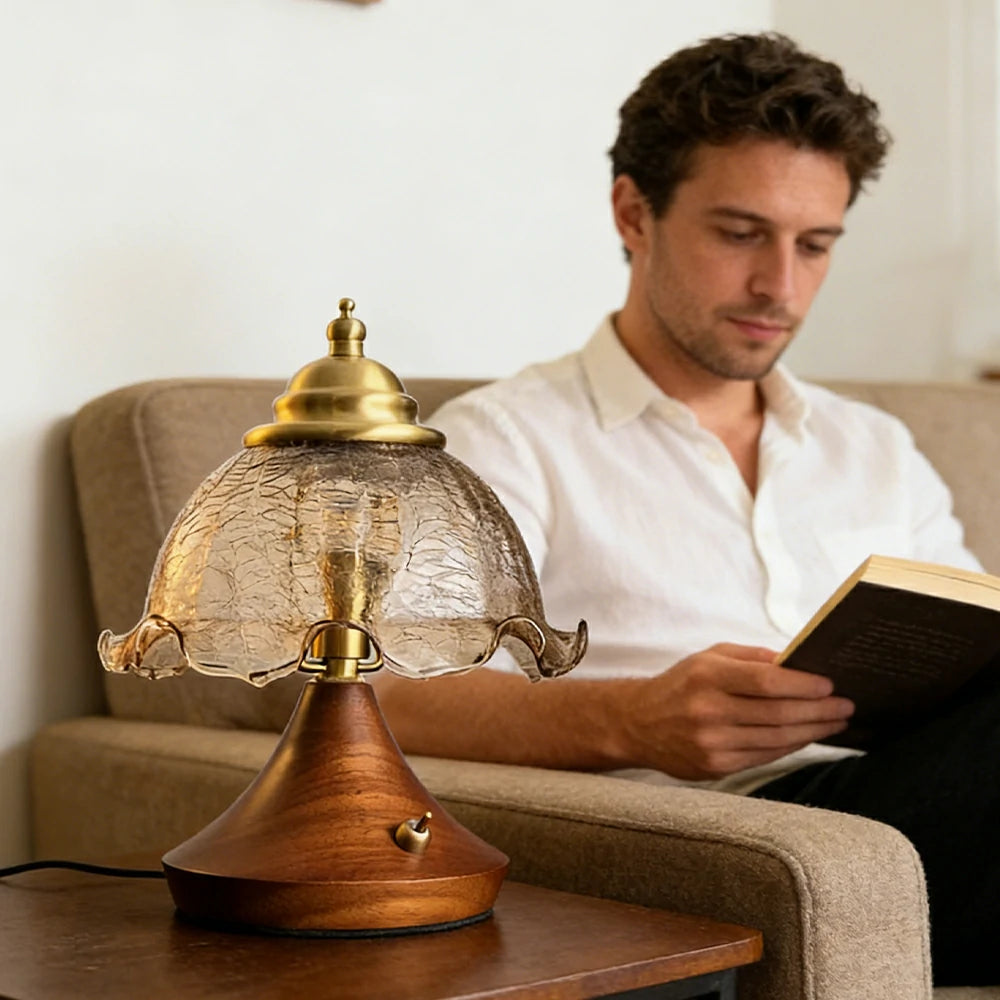 LIVARA Vintage Table Lamp 3W Warm LED Half Round Crackle Rolled Edge Glass Shade Solid Wood Base with Handle Box for Bedroom Living Room