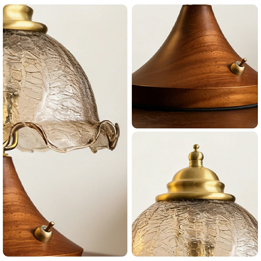LIVARA Vintage Table Lamp 3W Warm LED Half Round Crackle Rolled Edge Glass Shade Solid Wood Base with Handle Box for Bedroom Living Room