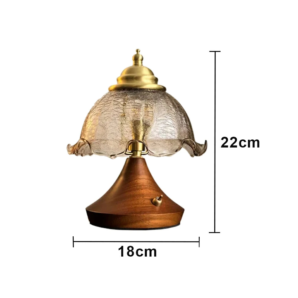 LIVARA Vintage Table Lamp 3W Warm LED Half Round Crackle Rolled Edge Glass Shade Solid Wood Base with Handle Box for Bedroom Living Room
