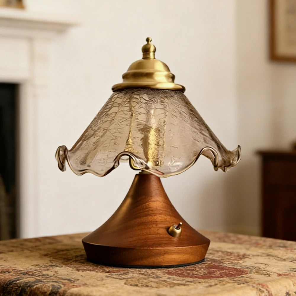 LIVARA Vintage Table Lamp 3W Warm LED Trumpet Crackle Rolled Edge Glass Shade Solid Wood Base with Handle Box for Bedroom Living Room