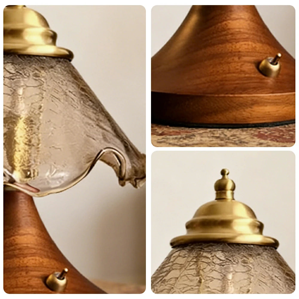 LIVARA Vintage Table Lamp 3W Warm LED Trumpet Crackle Rolled Edge Glass Shade Solid Wood Base with Handle Box for Bedroom Living Room