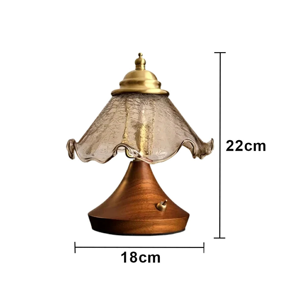 LIVARA Vintage Table Lamp 3W Warm LED Trumpet Crackle Rolled Edge Glass Shade Solid Wood Base with Handle Box for Bedroom Living Room