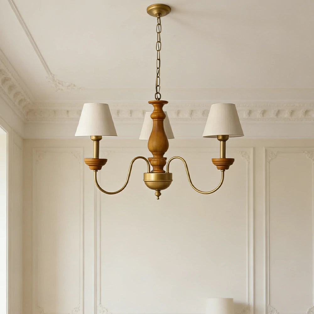 LIVARA Vintage Chandelier 3-Light Fabric Shade E27 Bulb Rubber Wood Frame Elegant Design for Dining Room Living Room Bedroom
